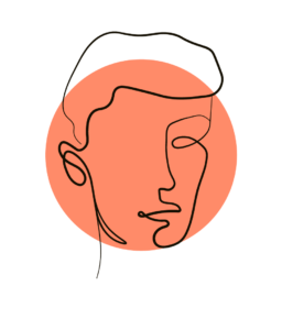 Eine handgezeichnete Mann mit kurzem Haar, modern, frisch und stylisch, ein Portrait als Illustration zur Kundenreferenz für das Pilates Training.