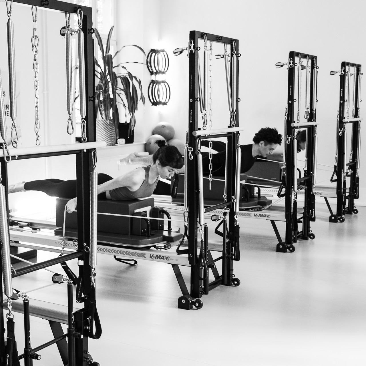 Pilates Reformer Training in einer Gruppe. Junge Menschen stärken ihre Rückenmuskulatur im Pilates Reformer Training, in der Übung Pulling-Streps. Schmerzfrei durch Pilates. 